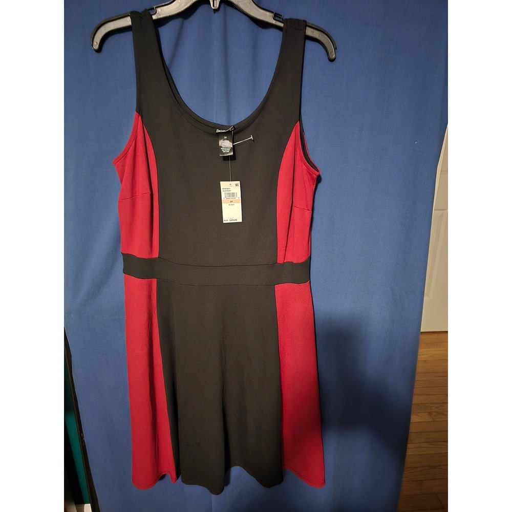 Rose & Harlow Womens 2X Skater Dress Black Red Colorblock Scoop Neck Sleeveless